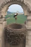 Placeholder: on top of the stone statue of the crucified Jesus is a huge stork's nest with storks