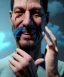 Placeholder: Realistic image, waist up view, a guy making the fuck you gesture with his hand, blue smoke coming out of his eyes, nose and mouth. Happy, smile, soft color, highly detailed, unreal engine 5, ray tracing, RTX, lumen lighting, ultra detail, volumetric lighting, 3d, finely drawn, high definition, high resolution.