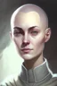 Placeholder: full color portrait drawing, portrait, fantasy setting, 22-year old female human cleric, shaved head, light eyebrows, grey eyes