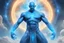 Placeholder: A majestic full-body portrait of a Cosmic Spirit manifested as a strong, tall man with vibrant glowing blue skin. He has a good structure and imposing yet graceful physique. His face has soft, wise and deeply loving features with a gentle, sweet gaze looking directly at the viewer. Warm, welcoming and embracing posture with arms slightly open. He is standing immersed in magical luminous blue water that sparkles with brilliant light rays and reflections. The background is a breathtaking