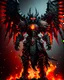 Placeholder: black and orange molten knight with fiery chains surrounding the arms, holding a massive black and orange fiery glaive, molten hair coming out the helmet, black cloak