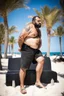 Placeholder: photography of a tired chubby hairy burly 35 years old ugly arab carpenter, big nose, tattoo, short beard, shaved hair, manly chest, angry eyes, open legs , on the beach in the sun, big shoulders, big tights, side light, ground view angle