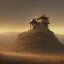 Placeholder: franz frazetta style, watchtower on hill, amon hen, plains in the distance, sunset