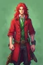 Placeholder: Pirates caught a man, long red hair, long red jacket with a green tie, green eyes, stardew valley style