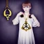 Placeholder: Realistic photo Russian shorthair tomboy with symbol of the king of evil amulet on the neck boyish face men's look boys face boylike in lacy girlish nightgown in girlish room with amulets symbol of the king of evil on the wall of the lord of evil and the king of the underworld of evil forces