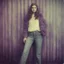 Placeholder: Lara ingalls,Hippie girl, jeans, purple fur, striped wallpaper, old autochrome