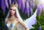 Placeholder: Fantasy cute elf with transparent wings, smiling, make up, long blond platinum hair, blue eyes, crown, beautiful dress, wisteria flowers and mushrooms in background, HQ, high key lighting, volumetric light high details