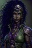 Placeholder: Realistic young, perky, beautiful, female humanoid githyanki. pale green body skin, big dark purple flowing hair, large dark black eyes, a few facial tatoos, pointed ears, dressed in steampunk and armor