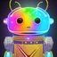 Placeholder: Beautiful alcohol ink birthday card robot. Its face is alive and has gold and violet metal edging and crystalline neon flashing lights, multidimensional in 3D, impasto, multimedia style, shades of silver, raspberry, gold and a variety of shades of light blue. It is holding a sign of a number 7.