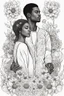 Placeholder: Create outline art of coloring page of a black couple surrounded by blossoming flowers symbolizing the growth and beauty of their love. white background, sketch style, half of body, only use outlines, Mandala style, clean line art, white background no shadows and clear and well outlined.