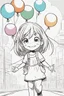 Placeholder: A round-faced little girl happily holding a bunch of colorful balloons. Circles can be used to depict the balloons, her eyes, and the sun in the background. very happy , Colloring page for todlliers ; basic hawali style cartoon , black and white , ink outlines , , smooth , anime style , minimalist , cute eyes , full body , white shose , sketchbook , realistic sketch , free lines , on paper , character sheet , clean line art high detailed