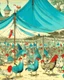 Placeholder: A blue circus with fast chickens painted by Utagawa Hiroshige