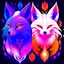 Placeholder: un zorro blanco con colores naranja y celeste, que el ojo izquierdo del zorro sea celeste y el ojo derecho de color naranja, que el fondo también cuente con estos mismos colores en forma de llamas, junto a un un gato negro con símbolos egipcios en la cara y ojos de color rosa con llamas que sean de color morado que salgan de sus ojos, en un ambiente con tonos morados
