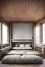 Placeholder: plano frontal de una habitación donde no hay muebles. solo almohadones y una cama con una chimenea y leña de madera noruega