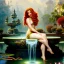 Placeholder: Hyperdetailed oil on canvas, young robyn lively sits by the ornate fountain, goldfish pond, lotus, detailed face, long curly multi-hued red hair, perfect legs; by gaspar camps, maxfield parrish, alphonse mucha, cyril rolando, dan mumford; luminous colorful sparkles, glitter, airbrush, octane render, volumetric lighting, 16k