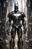 Placeholder: Fullbody photography front view of a Batman mech in transformative style, his metallic skin gleaming with intricate textures and intricate details, captured in an ultra-realistic style that blurs the lines between reality and imagination, cosmic background