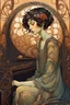 Placeholder: create an art nouveau, highly ethereal, darkly magical lithographic print illustration of a deeply sorrowful, girl with short cropped hair, seated at her piano , with highly detailed and deeply cut facial features, in the style of GUSTAV KLIMT and ALPHONSE MUCHA, combined with the style of JEAN-BAPTISTE MONGE and JEAN GIRAUD MOEBIUS, searing lines and forceful strokes, precisely drawn, boldly inked, and darkly colored