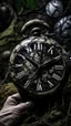 Placeholder: An old clock in the background of black vein, human veins, mixing together a lot of them, like a forest, big and small veins a lot of them, a hand on an old army helmet
