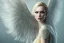 Placeholder: beautiful woman, blue eyes, blond hair, white wings, white and gold dress