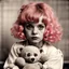 Placeholder: Childish Clara bow with pink hair, big eyes, , with a teddy bear