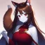 Placeholder: an arrogant, confident young woman with long brown hair, red eyes, pale skin, corgi ears and tail, intricate details, high definition