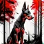 Placeholder: Doberman dog sitting, front view, full body, ink lineart red white black pointy ears trees, front view