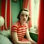 Placeholder: billie eillish with freckles and red cheeks, in a bubble, in a bedroom, autochrome, background with red and white stripes