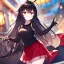 Placeholder: Clear focus,High resolution,High quality, Smiling, Black Sleeveless shirt with stripes, Wearing a red skirt, Wearing black long socks, Black Long hair with a ahoge, Red eyes, Wearing black gloves