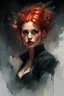 Placeholder: muscular stunning tall russian woman 24yo with red hair pulled back, in a Halloween pinup poster : dark mysterious esoteric atmosphere :: digital matt painting with rough paint strokes by Jeremy Mann + Carne Griffiths + Leonid Afremov, black canvas