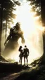 Placeholder: random Human in forest in background. Sunlight through clouds. Giant Nephilim holding a beautiful girl in the background