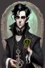 Placeholder: black haired young man necromancer wizard with gothic jewelry and tentacle fingers in the style of Fyodor Pavlov