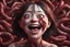 Placeholder: Woman with rare eyes,smiling meanwhile many worms streaming from his mouth, face distorted with pain, screaming, tears streaming, siting pose, fullbody, Junji Ito style, darkred tones,high detailed, 4k resolution, digital paiting, cute, art, no background 3d pixar disney the cinematic FKAA, TXAA, and RTX graphics technology employed for stunning detail.