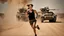 Placeholder: beautiful slender caucasian female technician, black tank top, angry, running, well toned muscles, weathered face, scratched sand camo metal details, short brunette wavy bob haircut, dystopian, desert scene with smoke and explosions,