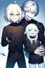 Placeholder: plauge doctor in balck leather clothes with silver hair, pale skin and bright green eyes smiling with sharp teeth, nice young face, male, viscious smile