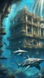 Placeholder: Underwater village with all abandoned building and statues like lost city of Atlantis , a discovery submarine , lot of sharks and fish and marine creatures around