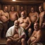 Placeholder: close up photography of a group of turkish and marocan strong chubby, 55 years old ugly men embraced, manly chest, covered with a small towel , shaved beard, shaved hair, photorealistic, manly legs, manly arms, sitting in a steamy sauna, clouds of steam, side light