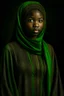Placeholder: A veiled Muslim girl with calm features. Her eyes are brown with a wheat-coloured complexion. She looks forward. The focus is on the waist of the dress. The girl’s features are African-Arab features. She wears a dark green satin dress with embroidery. The neckline defines the slim waist and highlights the beauty of her slim waist. It is decorated on the chest. The sleeves are made of dark green satin. A mannequin with a delicate decoration. High quality, the consistency between the size of the d