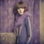 Placeholder: Mary Quant, Hippie girl, jeans, purple fur, striped wallpaper, old autochrome