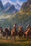 Placeholder: detailed oil painting, renaissance style, of mounted knights galloping across an open field, swords in hand, mountains in distance