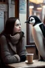 Placeholder: young woman talk to a penguin in coffee-shop