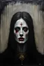 Placeholder: An undead oil painting portrait of Joan of ark, hauntingly ominous and truly horrifying, unsettling and macabre, art style inspired by Nicola Samori and pat steir and Karel Thole