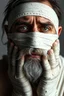 Placeholder: a very sad hurt man with beard, he is covered all the body with bandage and are in deep pain, only the eyes