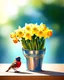 Placeholder: Gemini prompt: A beautiful watercolour painting of a bunch of daffodils in a vintage blue bucket. A robin bird stands beside the flowers. Blurred back ground. Hyper-realistic hyper-vibrant