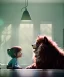 Placeholder: Realistic toys room scene. sweet big furry monster sitting. girl from behind. Steven Spielberg style. Red hair, smile, happy, gradient color fog. highly detailed, concept art, unreal engine 5, ray tracing, RTX, lumen lighting, ultra detail, volumetric lighting, 3d, finely drawn, high definition, high resolution.