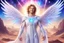 Placeholder: cosmic angelic beautiful sweet men, smiling, with light blue eyes and strong angelic wings, in a magic extraterrestrial landscape with coloured land, stars and bright beam in the sky