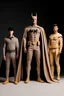 Placeholder: three men in different Balenciaga Batman's big emblem clothing, beige tones, fashion plates, outfits, modern designs, deconstructed tailoring, rendered in cinema4d –q 2 –ar 3:5