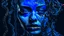Placeholder: close up pale blue-white face with black shadow dark gold eyes, , void, hyper-realistic detail, floats in deep darkness, deep blue abyss, vertical shadows of five chains projected on her face, crepy stunning, surreal vibe with meticulous textures, dark shadow