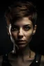 Placeholder: portrait of a 25 year old woman, sexy, fierce eyes, looking to the camera. Robotic body and ear, short hair, human face.