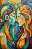 Placeholder: Abstract figurative painting of two women whispering, neo cubism style Michael Lang, pastel color palette, glazed gradients, strong contour lines.