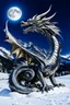 Placeholder: a weird beautiful metallic dragon sculpture sitting on the snow. The dragon sculpture looking the full moon on the dark sky. the high artistic nature of the animal sculpture and the serene atmosphere of the snow and high winter mountains setting. stunning, high detailed